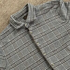 Reserve Mens Plaid Houndstooth Knit Button Down Shirt Grey Black RN 31608 Large
